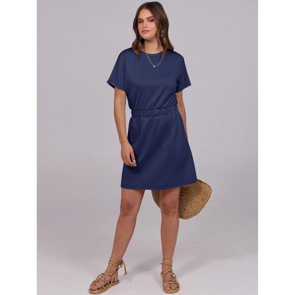 Anrabess Women Navy Blue Crew Neck Elastic Waist Mini T Shirt Dress With Pocket - Picture 6 of 6
